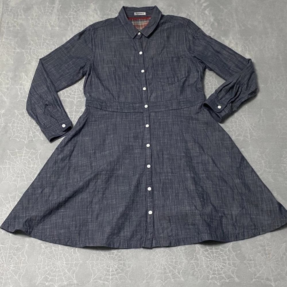 Toad&Co Chambray Shirt Dress Womens L Blue Long Sleeve Button Front Pocket Rodeo